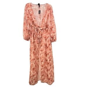 Express Sheer Metallic Floral Cover Up Tie Front Size S/M NWT Orange Gold Resort